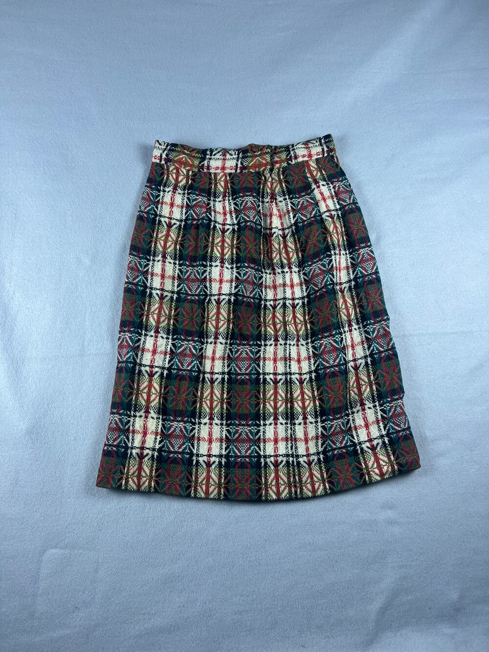 Vintage 60s Plaid Woven Jacquard Skirt Womens 24 Red Green Cream A Line Heritage